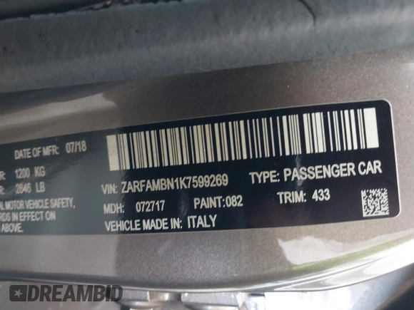 2019 Alfa Romeo Giulia Ti Sport with VIN ZARFAMBN1K7599269, listed as a IAAI auction lot 42271523 with 46,556 mi miles and . Bid and sale history available at DreamBid. Image 9.