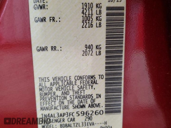 2015 Nissan Altima 2.5 with VIN 1N4AL3AP3FC596260, listed as a Copart auction lot 58784575 with Not provided miles and Salvage title. Bid and sale history available at DreamBid. Image 12.