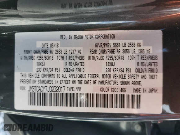 2018 Mazda CX-9 Touring with VIN JM3TCACY7J0232017, listed as a Copart auction lot 54935485 with 99,350 mi miles and Salvage title. Bid and sale history available at DreamBid. Image 13.