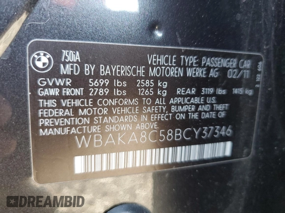 2011 BMW 7 Series 750i with VIN WBAKA8C58BCY37346, listed as a Copart auction lot 65017655 with 125,505 mi miles and Salvage title. Bid and sale history available at DreamBid. Image 12.