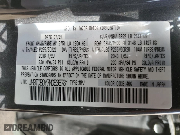 2021 Mazda CX-9 Grand Touring with VIN JM3TCBDY7M0536781, listed as a Copart auction lot 55862725 with 62,131 mi miles and Salvage title. Bid and sale history available at DreamBid. Image 13.