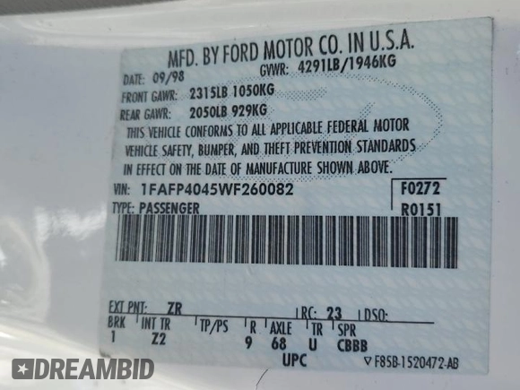 1998 Ford Mustang with VIN 1FAFP4045WF260082, listed as a Copart auction lot 72363433 with 38,643 mi miles and Salvage title. Bid and sale history available at DreamBid. Image 15.