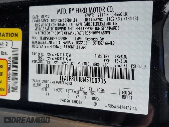 2022 Ford Mustang EcoBoost with VIN 1FATP8UH8N5100905, listed as a Copart auction lot 85197454 with 40,629 mi miles and Salvage Title. Bid and sale history available at carsss.com. Image 13.
