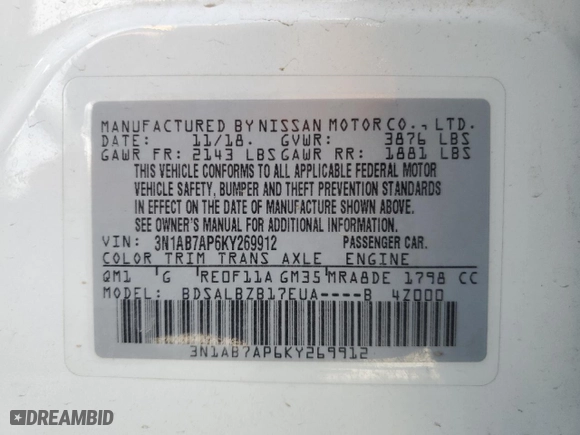 2019 Nissan Sentra SV with VIN 3N1AB7AP6KY269912, listed as a Copart auction lot 48003415 with 52,367 mi miles and Salvage Title. Bid and sale history available at carsss.com. Image 12.