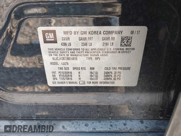 2018 Buick Encore Preferred with VIN KL4CJASB7JB514815, listed as a IAAI auction lot 41802866 with 79,729 mi miles and . Bid and sale history available at carsss.com. Image 9.
