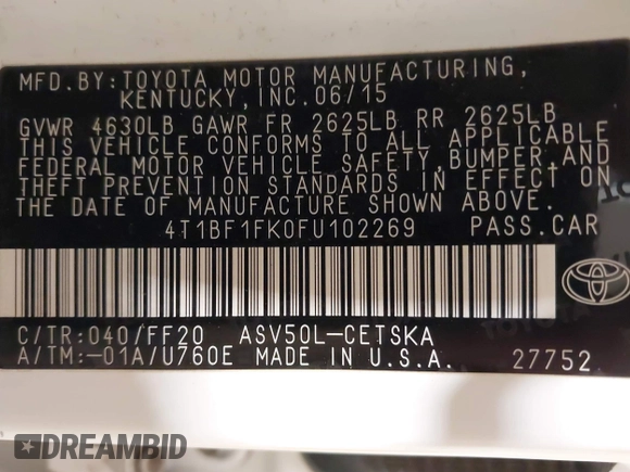 2015 Toyota Camry XLE with VIN 4T1BF1FK0FU102269, listed as a IAAI auction lot 41379555 with 160,056 mi miles. Bid and sale history available at carsss.com. Image 9.