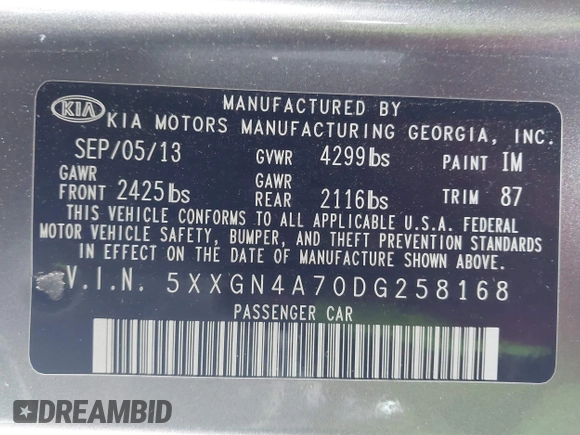 2013 Kia Optima EX with VIN 5XXGN4A70DG258168, listed as a IAAI auction lot 41209415 with 169,365 mi miles. Bid and sale history available at carsss.com. Image 9.