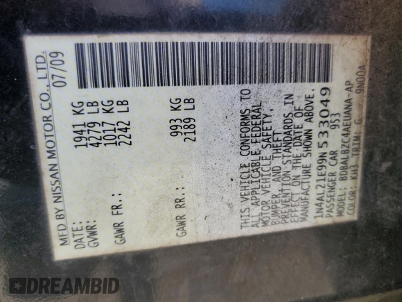2009 Nissan Altima 2.5 SL with VIN 1N4AL21E99N533049, listed as a Copart auction lot 52574595 with 291,916 mi miles and Salvage Title. Bid and sale history available at carsss.com. Image 12.