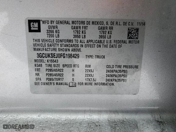 2015 Chevrolet Silverado 1500 LTZ with VIN 3GCUKSEJ0FG198429, listed as a Copart auction lot 87951465 with 106,749 mi miles and Salvage Title. Bid and sale history available at carsss.com. Image 12.