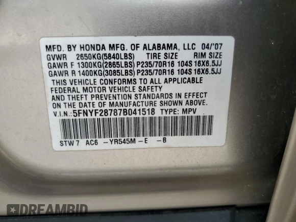 2007 Honda Pilot EX-L with VIN 5FNYF28787B041518, listed as a Copart auction lot 77245944 with Not Provided miles and Non Repairable. Bid and sale history available at DreamBid. Image 13.