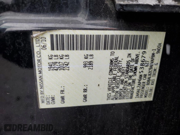 2010 Nissan Altima 2.5 SL with VIN 1N4AL2AP4AN538679, listed as a Copart auction lot 89149225 with 114,812 mi miles and Salvage Title. Bid and sale history available at carsss.com. Image 12.