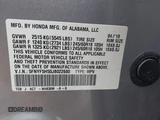 2018 Honda Pilot EX-L with VIN 5FNYF5H50JB022680, listed as a IAAI auction lot 41919787 with 159,205 mi miles and . Bid and sale history available at DreamBid. Image 9.