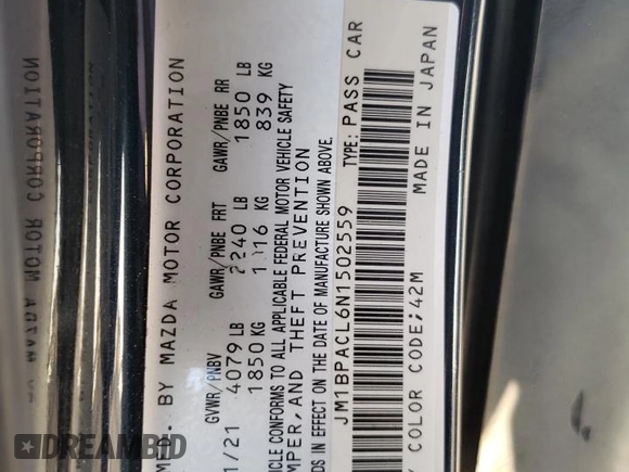 2022 Mazda 3 Preferred with VIN JM1BPACL6N1502559, listed as a Copart auction lot 61722474 with 34,693 mi miles and Salvage title. Bid and sale history available at DreamBid. Image 14.