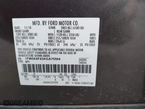 2019 Ford Explorer Limited z VIN 1FM5K8F83KGA75504, wystawiony jako IAAI lot #42457468 z przebiegiem 52 081 mil mil oraz . Historia ofert i sprzedaży dostępna na DreamBid. Obrazek 9.
