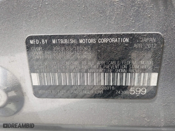 2012 Mitsubishi Lancer ES with VIN JA32U2FU5CU028018, listed as a IAAI auction lot 42086366 with 145,104 mi miles. Bid and sale history available at carsss.com. Image 9.