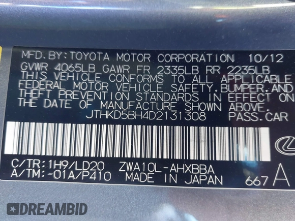 2013 Lexus CT 200h with VIN JTHKD5BH4D2131308, listed as a IAAI auction lot 42565139 with 148,988 mi miles and . Bid and sale history available at DreamBid. Image 9.