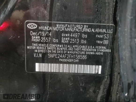 2015 Hyundai Sonata 2.4L SE with VIN 5NPE24AF2FH158586, listed as a Copart auction lot 45061375 with Not Provided miles and Salvage Title. Bid and sale history available at carsss.com. Image 14.