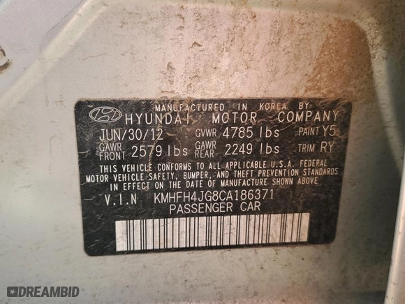 2012 Hyundai Azera with VIN KMHFH4JG8CA186371, listed as a Copart auction lot 48458795 with 154,782 mi miles and Salvage Title. Bid and sale history available at carsss.com. Image 12.