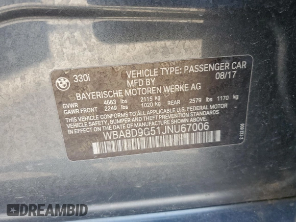 2018 BMW 3 Series 330i xDrive with VIN WBA8D9G51JNU67006, listed as a Copart auction lot 48058325 with 58,890 mi miles and Clean Title. Bid and sale history available at carsss.com. Image 12.