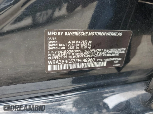 2015 BMW 3 Series 335i xDrive with VIN WBA3B9C57FF589960, listed as a Copart auction lot 59888575 with 69,919 mi miles and Salvage title. Bid and sale history available at DreamBid. Image 12.