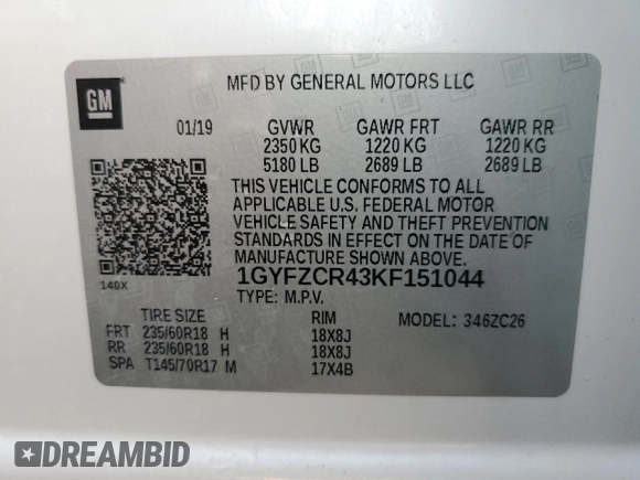 2019 Cadillac XT4 FWD Premium Luxury with VIN 1GYFZCR43KF151044, listed as a Copart auction lot 57912915 with 71,138 mi miles and Salvage title. Bid and sale history available at DreamBid. Image 14.