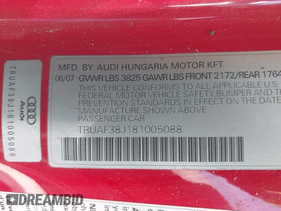 2008 Audi TT 2.0T z VIN TRUAF38J181005088, wystawiony jako IAAI lot #42400880 z przebiegiem 69 460 mil mil oraz . Historia ofert i sprzedaży dostępna na DreamBid. Obrazek 9.