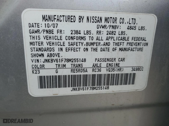2008 Infiniti G35 Sedan x with VIN JNKBV61F78M255148, listed as a Copart auction lot 48764675 with 187,677 mi miles and Salvage Title. Bid and sale history available at carsss.com. Image 14.