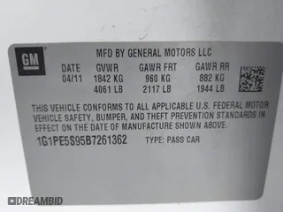 2011 Chevrolet Cruze LT w/1FL with VIN 1G1PE5S95B7261362, listed as a IAAI auction lot 41895718 with 163,626 mi miles. Bid and sale history available at carsss.com. Image 9.