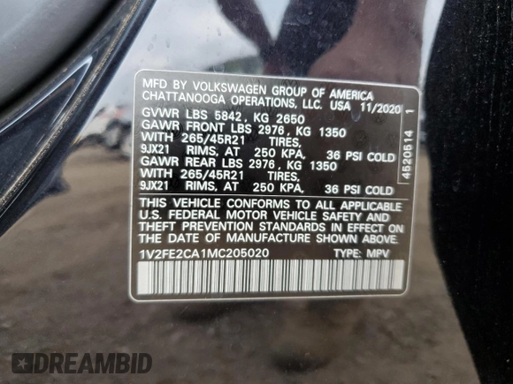 2021 Volkswagen Atlas SEL Premium R-Line with VIN 1V2FE2CA1MC205020, listed as a Copart auction lot 77742994 with 25,047 mi miles and Salvage title. Bid and sale history available at DreamBid. Image 13.