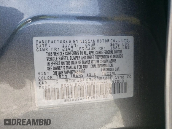 2019 Nissan Sentra S with VIN 3N1AB7AP4KY457408, listed as a Copart auction lot 56343375 with 66,406 mi miles and Salvage title. Bid and sale history available at DreamBid. Image 12.