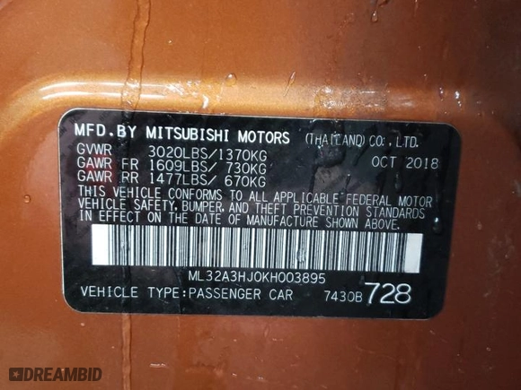 2019 Mitsubishi Mirage ES with VIN ML32A3HJ0KH003895, listed as a Copart auction lot 45412965 with 71,789 mi miles and Salvage Title. Bid and sale history available at carsss.com. Image 12.