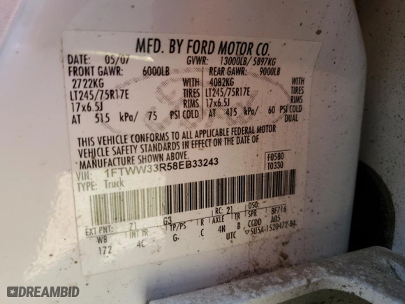 2008 Ford Super Duty F-350 DRW XL with VIN 1FTWW33R58EB33243, listed as a Copart auction lot 71437074 with 171,343 mi miles and Salvage Title. Bid and sale history available at carsss.com. Image 12.