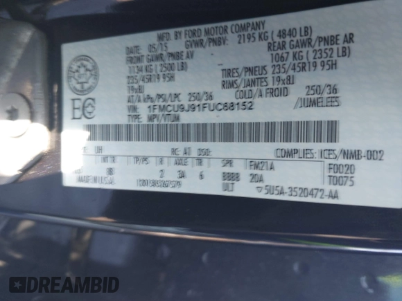 2015 Ford Escape Titanium with VIN 1FMCU9J91FUC68152, listed as a IAAI auction lot 41620725 with 195,122 mi miles. Bid and sale history available at carsss.com. Image 9.