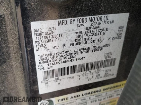 2013 Ford Expedition EL XLT with VIN 1FMJK1J55DEF19967, listed as a Copart auction lot 42805695 with 185,378 mi miles and Salvage Title. Bid and sale history available at carsss.com. Image 13.