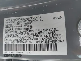 2023 Honda Accord Sport with VIN 1HGCY2F52PA036055, listed as a IAAI auction lot 42358975 with 30,290 mi miles and . Bid and sale history available at DreamBid. Image 9.