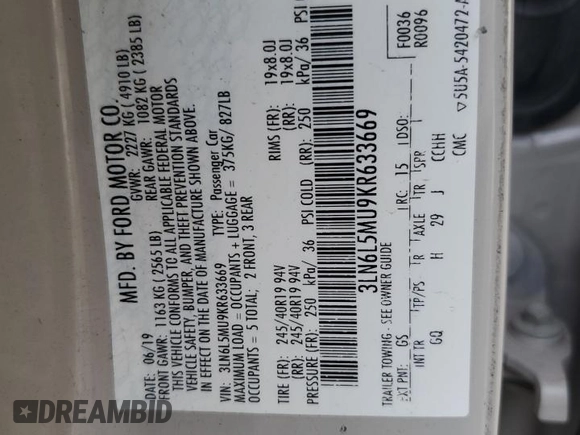 2019 Lincoln MKZ Hybrid Reserve II with VIN 3LN6L5MU9KR633669, listed as a Copart auction lot 51943355 with 98,581 mi miles and Salvage title. Bid and sale history available at DreamBid. Image 13.