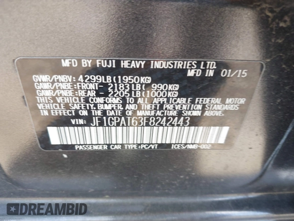 2015 Subaru Impreza Special Sports Premium с VIN JF1GPAT63F8242443, выставлен на аукционе IAAI как лот 42202411 с пробегом 93 612 миль миль и . История ставок и продаж доступна на DreamBid. Изображение 9.