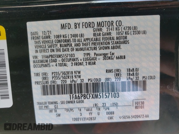 2021 Ford Mustang GT with VIN 1FA6P8CFXM5157103, listed as a Copart auction lot 72845932 with 17,394 mi miles. Bid and sale history available at carsss.com. Image 10.