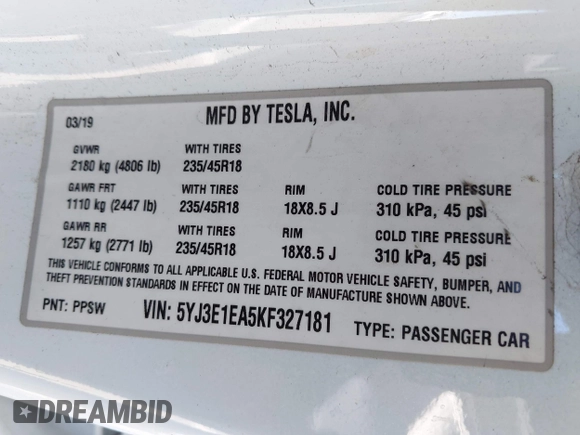 2019 Tesla Model 3 Mid Range with VIN 5YJ3E1EA5KF327181, listed as a IAAI auction lot 41860943 with 157,335 mi miles and . Bid and sale history available at DreamBid. Image 9.