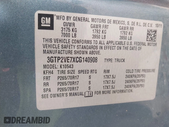 2012 GMC Sierra 1500 SLE with VIN 3GTP2VE7XCG140908, listed as a IAAI auction lot 42687003 with 190,878 mi miles and . Bid and sale history available at DreamBid. Image 9.