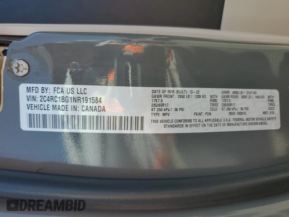 2022 Chrysler Pacifica Touring L with VIN 2C4RC1BG1NR191584, listed as a Copart auction lot 60469305 with 80,094 mi miles and Salvage title. Bid and sale history available at DreamBid. Image 13.