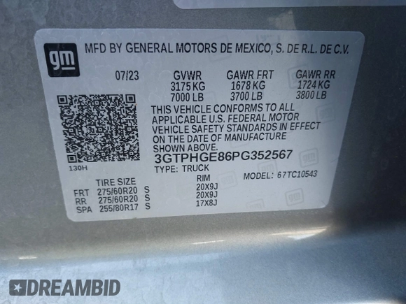 2023 GMC Sierra 1500 with VIN 3GTPHGE86PG352567, listed as a IAAI auction lot 41705291 with 14,800 mi miles and . Bid and sale history available at DreamBid. Image 9.