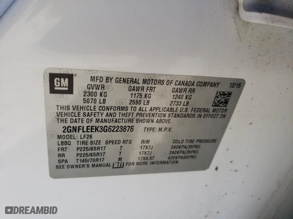 2016 Chevrolet Equinox LS with VIN 2GNFLEEK3G6223876, listed as a Copart auction lot 47306095 with 103,884 mi miles and Salvage Title. Bid and sale history available at carsss.com. Image 15.