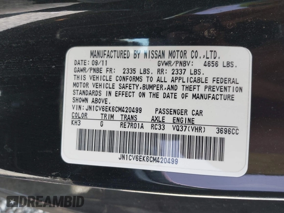 2012 Infiniti G37 Journey with VIN JN1CV6EK6CM420499, listed as a IAAI auction lot 41979714 with 157,066 mi miles. Bid and sale history available at carsss.com. Image 9.