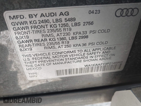 2023 Audi Q5 S line Premium Plus with VIN WA1EAAFY3P2145953, listed as a IAAI auction lot 42077197 with 22,415 mi miles and . Bid and sale history available at DreamBid. Image 9.