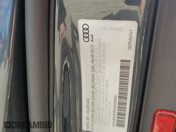 2019 Audi A4 Premium Plus с VIN WAUENAF45KN020643, выставлен на аукционе Copart как лот 50687695 с пробегом Не указан миль и Списание • Salvage title. История ставок и продаж доступна на DreamBid. Изображение 12.