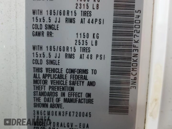 2015 Nissan NV200 SV with VIN 3N6CM0KN3FK720045, listed as a Copart auction lot 46091125 with 95,099 mi miles and Salvage Title. Bid and sale history available at carsss.com. Image 14.