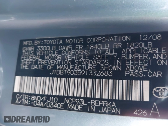 2009 Toyota Yaris z VIN JTDBT903591332683, wystawiony jako IAAI lot #41224976 z przebiegiem 113 305 mil mil oraz . Historia ofert i sprzedaży dostępna na DreamBid. Obrazek 9.