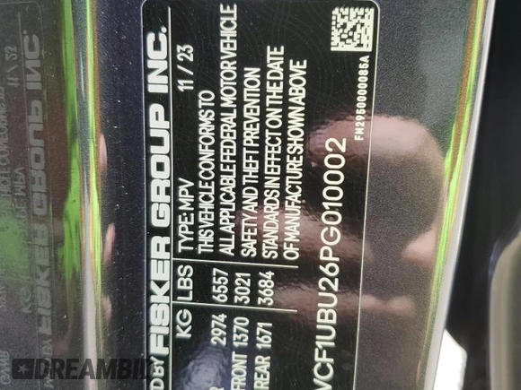 2023 Fisker Ocean Ultra z VIN VCF1UBU26PG010002, wystawiony jako Copart lot #66130154 z przebiegiem Nie podano mil oraz Szkody całkowita. Historia ofert i sprzedaży dostępna na DreamBid. Obrazek 13.