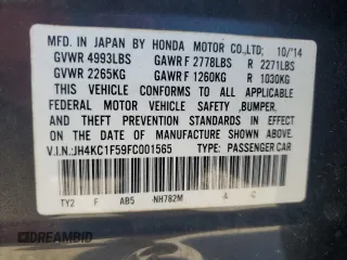 2015 Acura RLX Technology with VIN JH4KC1F59FC001565, listed as a Copart auction lot 65071435 with 297,378 mi miles and Clean title. Bid and sale history available at DreamBid. Image 12.